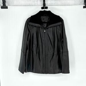 Jones New York Women's Black Leather Zip Front Jacket with Knit Collar - Plus 2X